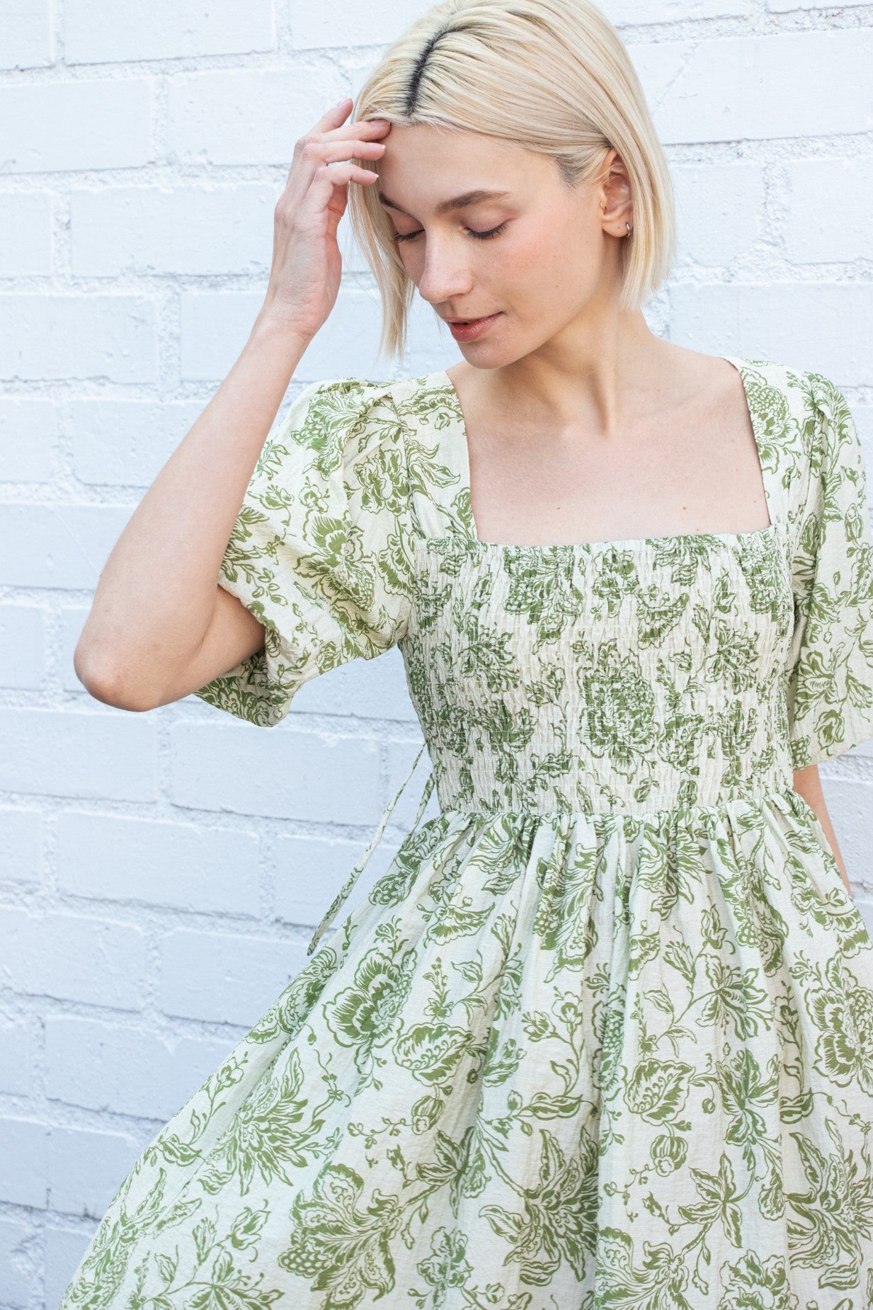 Olive Floral Smocked Puff Sleeve Dress