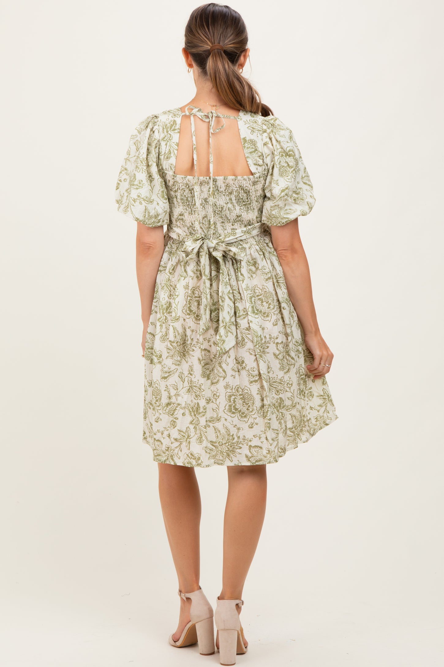 Olive Floral Smocked Puff Sleeve Maternity Dress