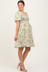 Olive Floral Smocked Puff Sleeve Maternity Dress
