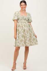 Olive Floral Smocked Puff Sleeve Maternity Dress
