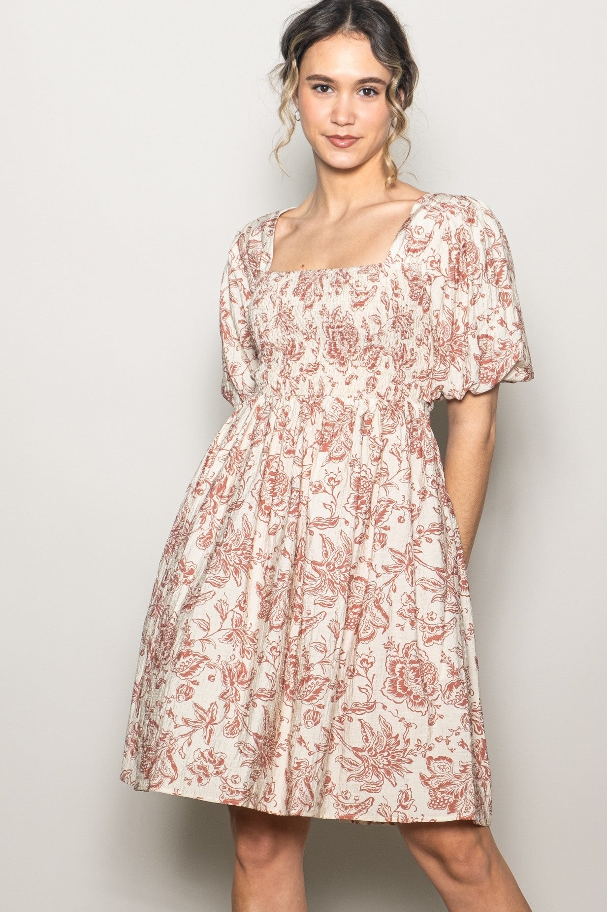 Rust Floral Smocked Puff Sleeve Maternity Dress