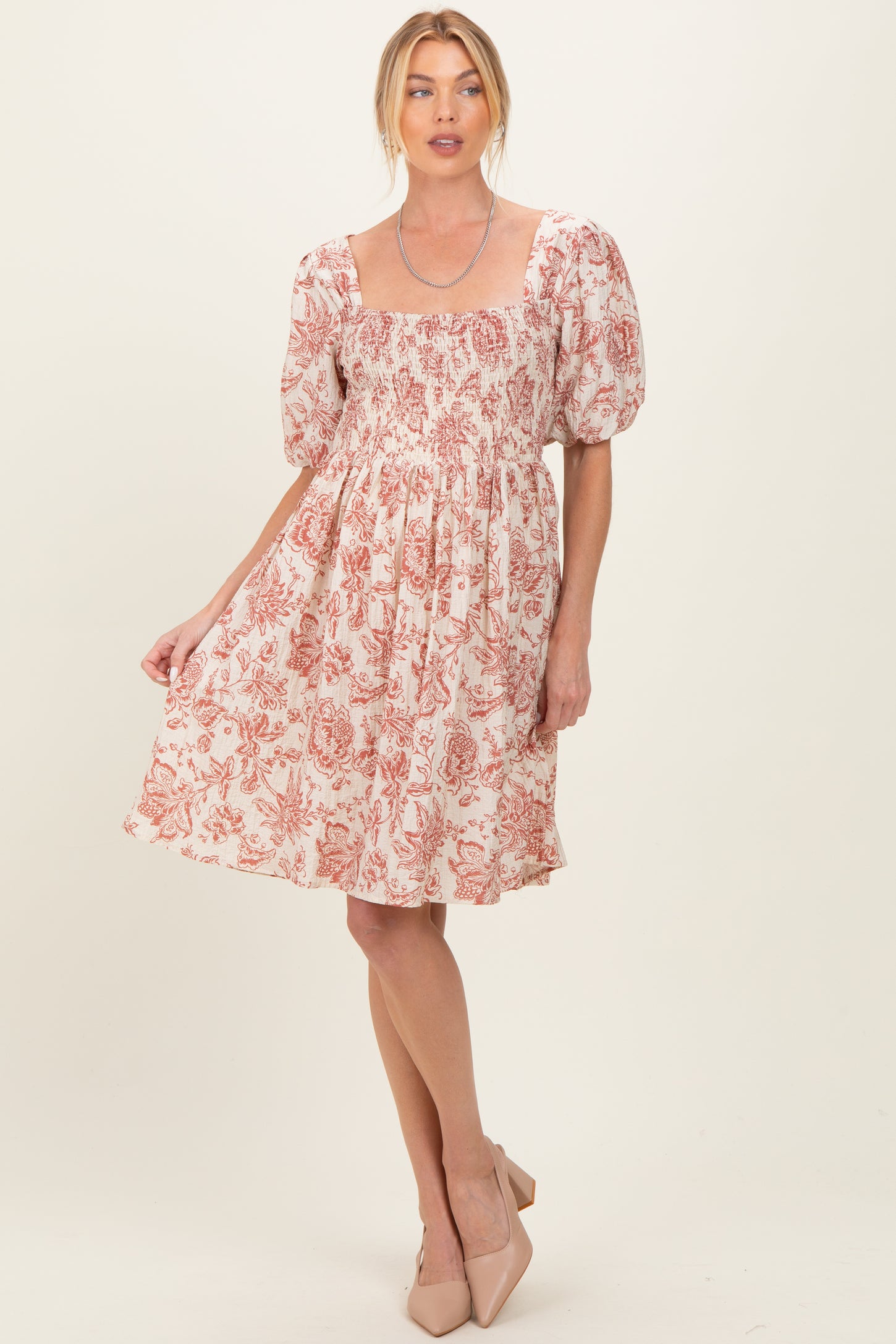 Rust Floral Smocked Puff Sleeve Maternity Dress