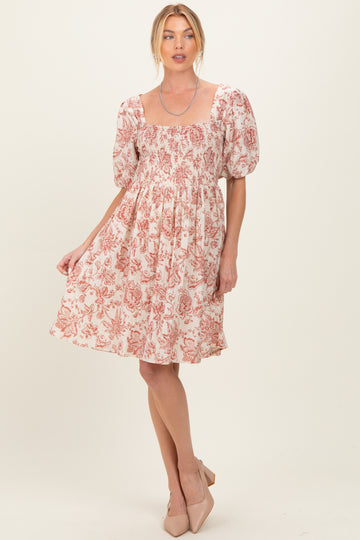 Rust Floral Smocked Puff Sleeve Maternity Dress
