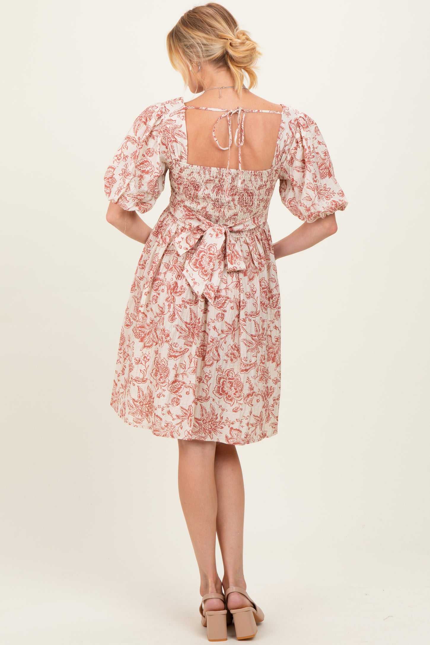 Rust Floral Smocked Puff Sleeve Maternity Dress