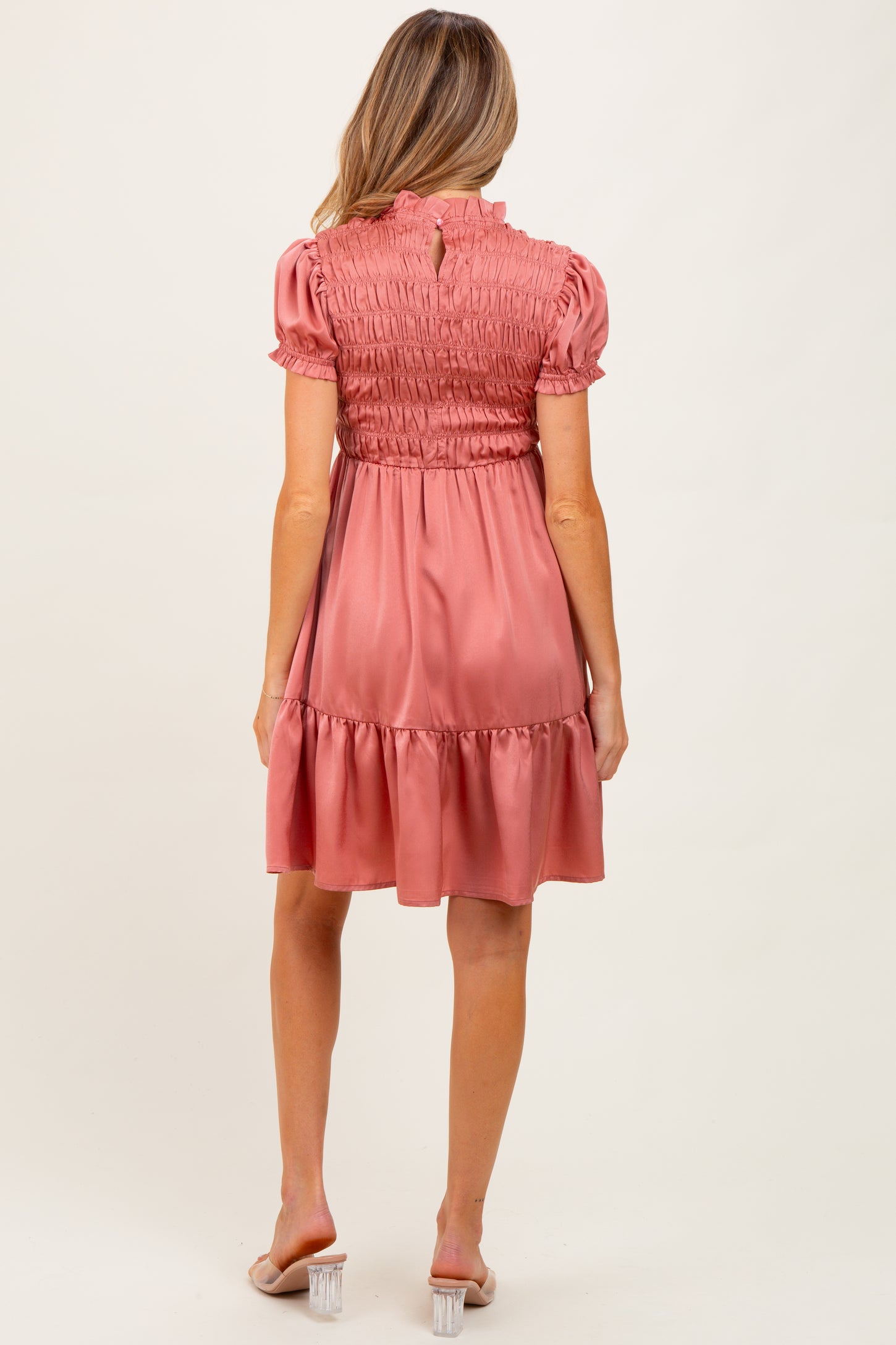 Mauve Satin Smocked Mock Neck Maternity Dress