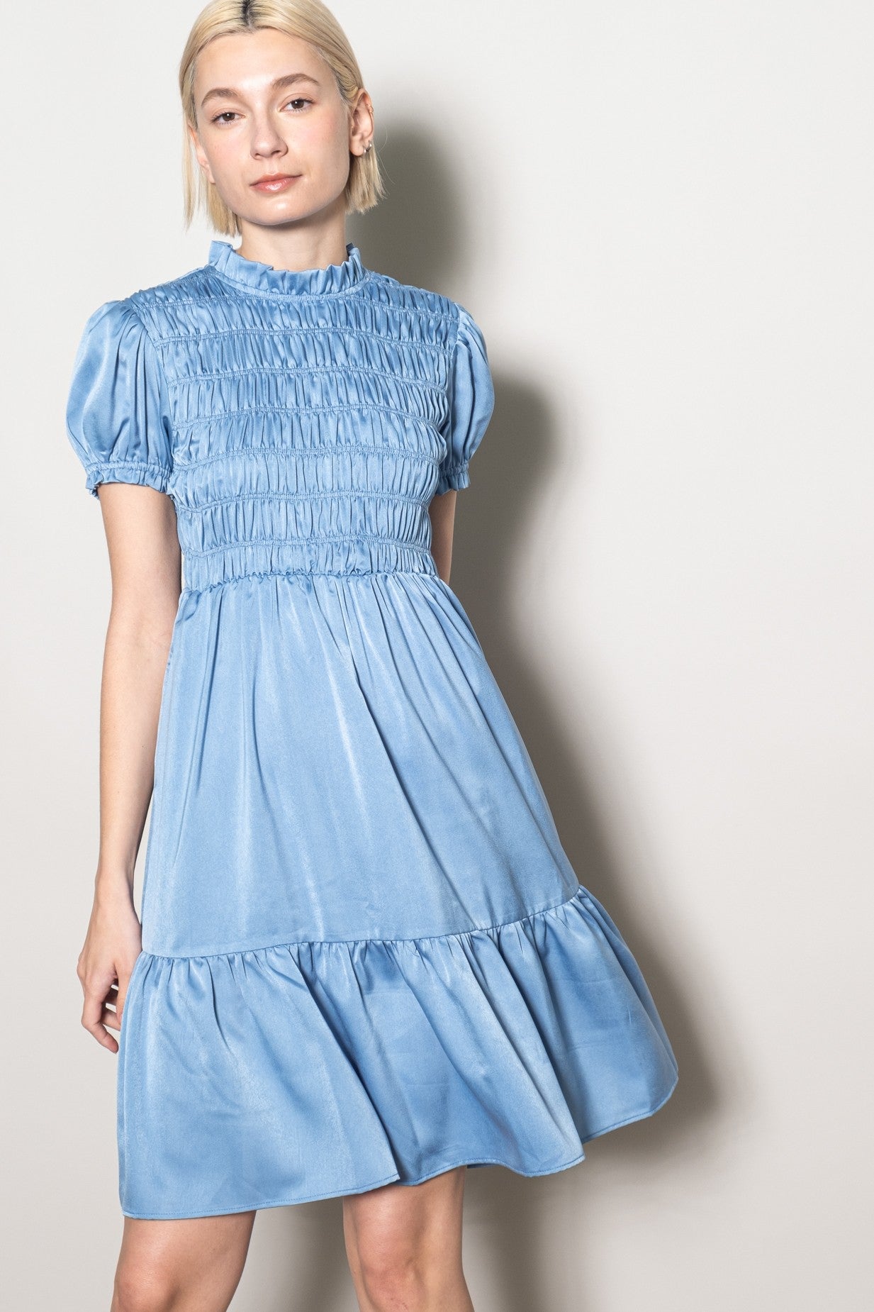 Light Blue Satin Smocked Mock Neck Dress