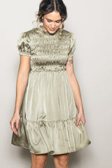 Light Olive Satin Smocked Mock Neck Dress