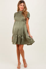 Light Olive Satin Smocked Mock Neck Maternity Dress