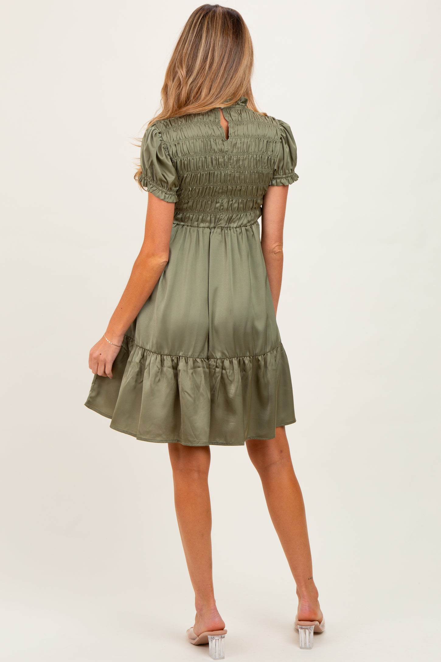Light Olive Satin Smocked Mock Neck Maternity Dress