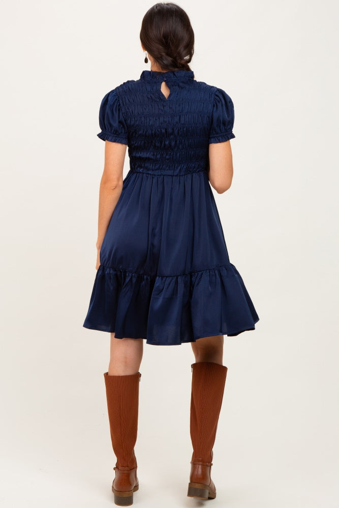 Navy Satin Smocked Mock Neck Dress