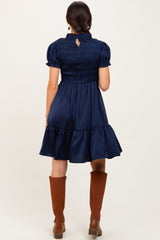 Navy Satin Smocked Mock Neck Dress