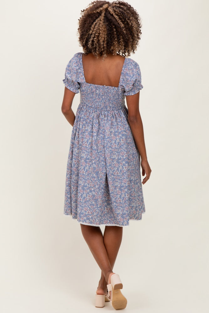 Blue Floral Pleated Bodice Puff Sleeve Maternity Dress