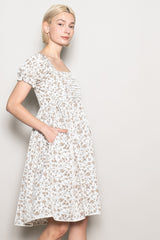 Ivory Floral Pleated Bodice Puff Sleeve Dress