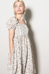 Ivory Floral Pleated Bodice Puff Sleeve Dress
