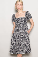 Black Floral Pleated Bodice Puff Sleeve Maternity Dress