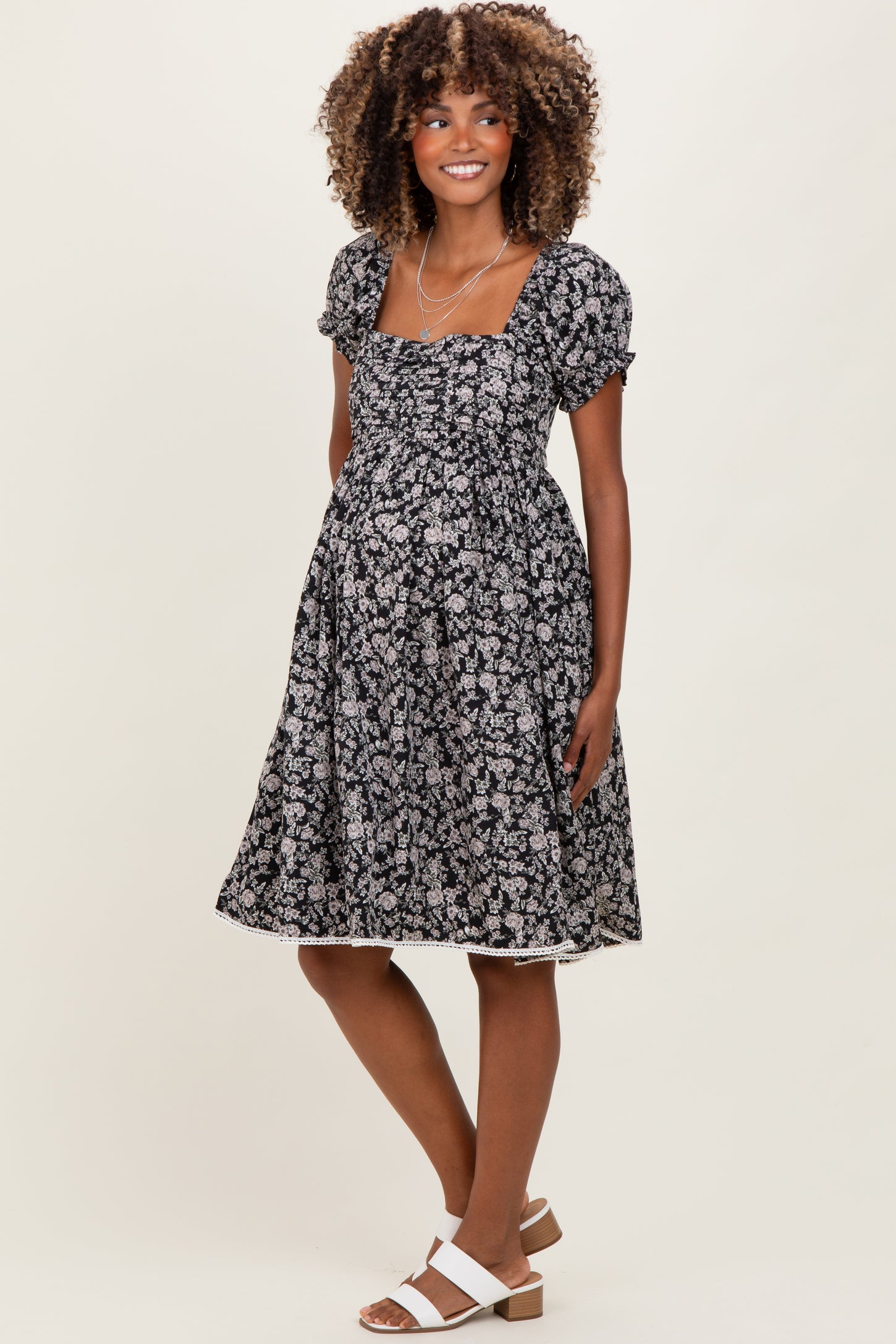 Black Floral Pleated Bodice Puff Sleeve Maternity Dress