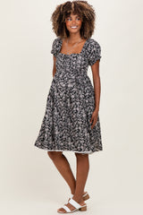 Black Floral Pleated Bodice Puff Sleeve Maternity Dress