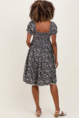 Black Floral Pleated Bodice Puff Sleeve Maternity Dress