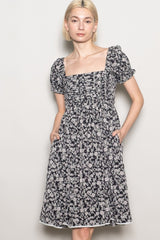 Black Floral Pleated Bodice Puff Sleeve Dress