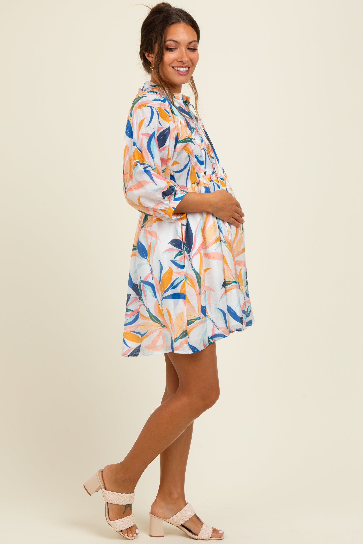 White Leaf Print Front Tie 3/4 Sleeve Maternity Dress