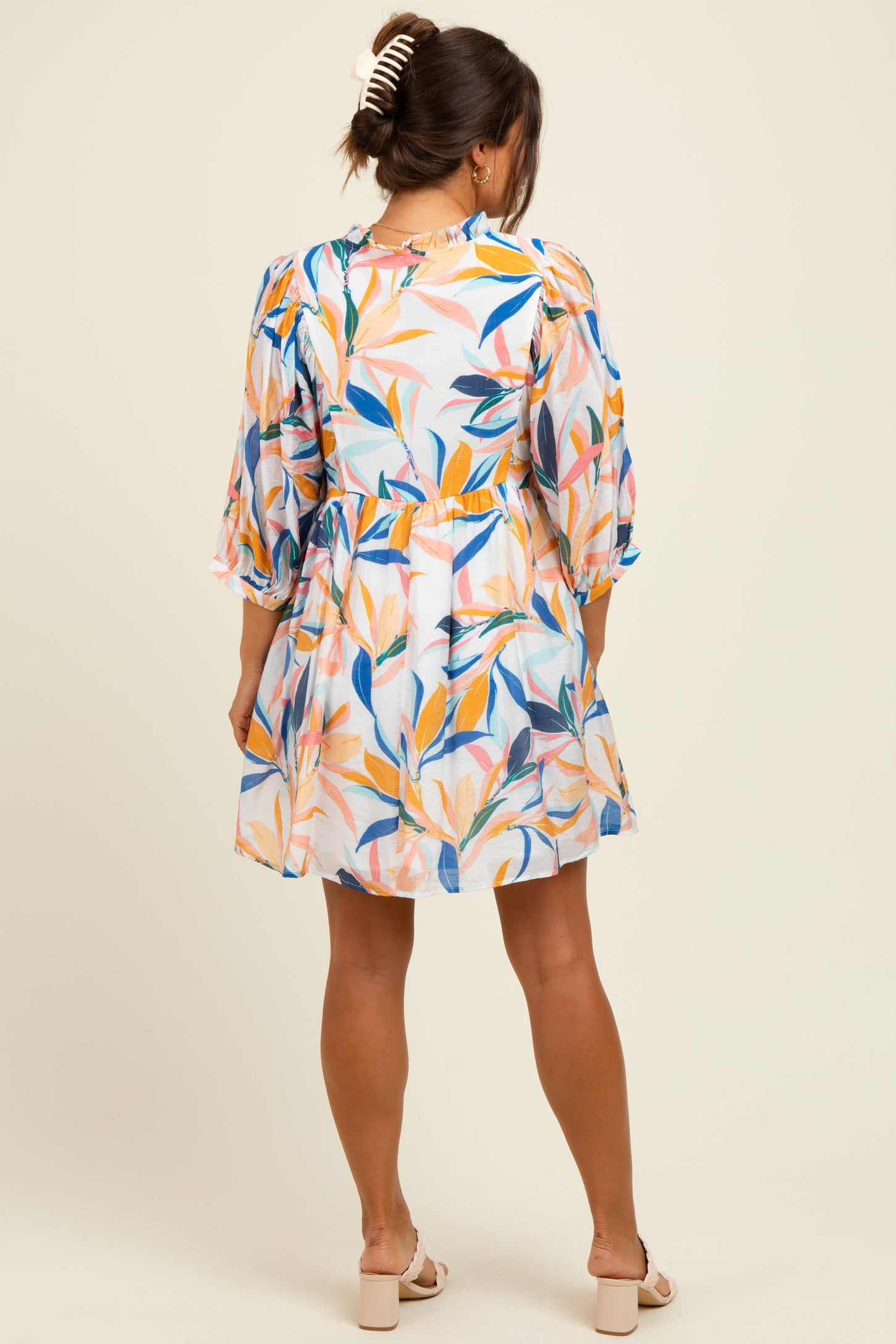 White Leaf Print Front Tie 3/4 Sleeve Maternity Dress