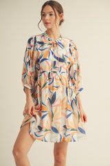 White Leaf Print Front Tie 3/4 Sleeve Dress