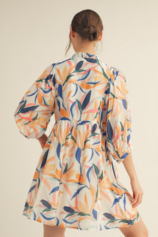White Leaf Print Front Tie 3/4 Sleeve Dress