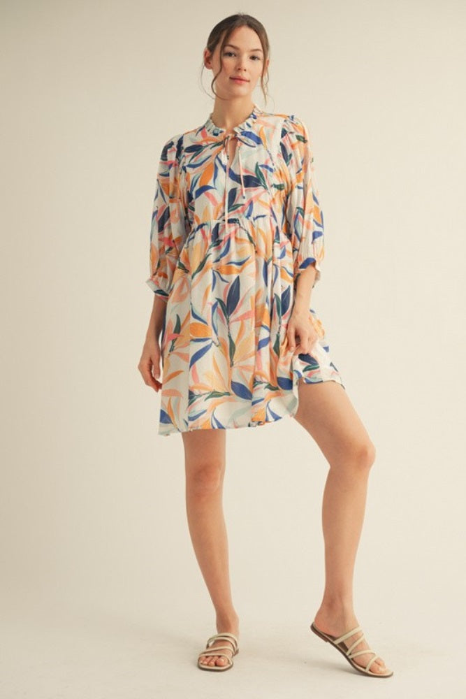 White Leaf Print Front Tie 3/4 Sleeve Dress
