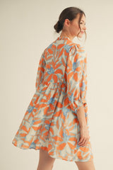 Orange Abstract Floral Front Tie 3/4 Sleeve Dress