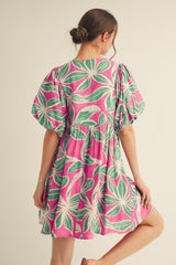 Fuchsia Floral Front Tie Puff Sleeve Dress