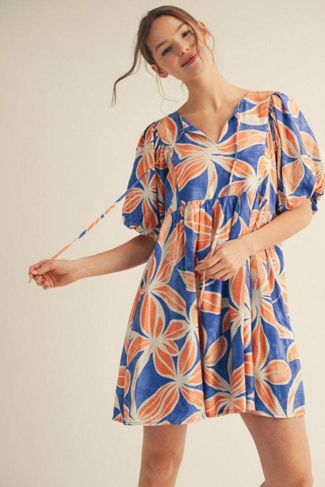 Royal Blue Floral Front Tie Puff Sleeve Maternity Dress