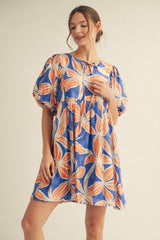 Royal Blue Floral Front Tie Puff Sleeve Dress