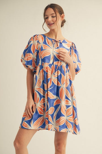 Royal Blue Floral Front Tie Puff Sleeve Dress