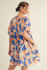 Royal Blue Floral Front Tie Puff Sleeve Dress