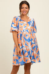 Royal Blue Floral Front Tie Puff Sleeve Maternity Dress