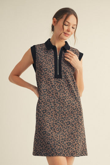 Brown Animal Print Front Zip Sleeveless Dress