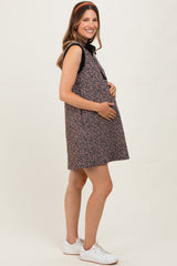 Brown Animal Print Front Zip Sleeveless Maternity Dress