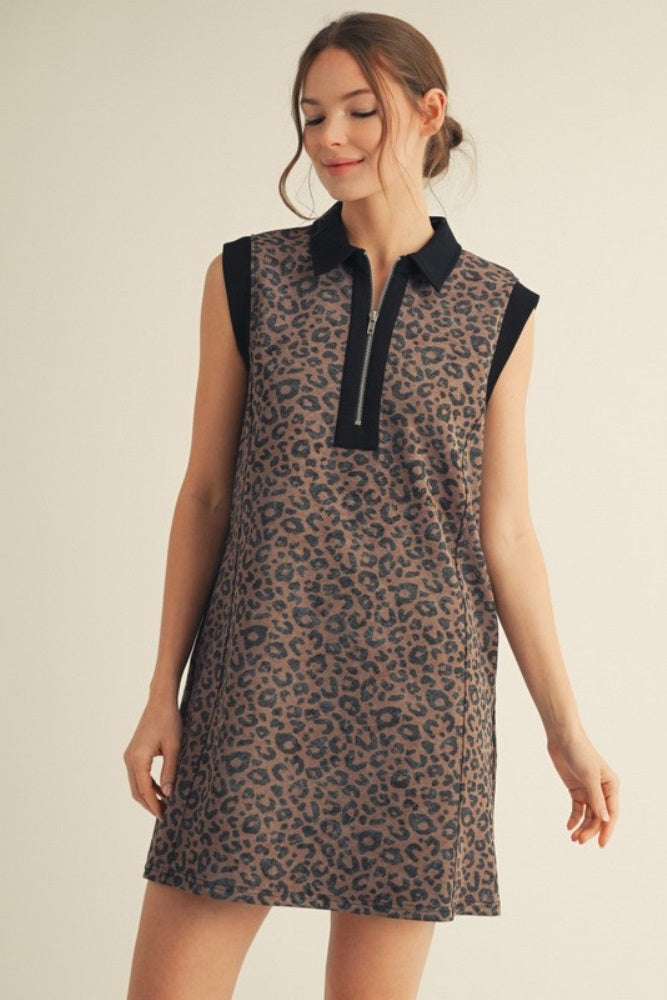 Brown Animal Print Front Zip Sleeveless Maternity Dress