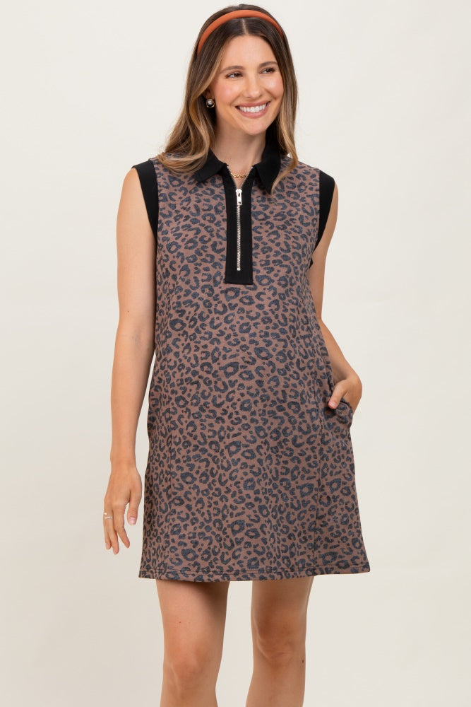 Brown Animal Print Front Zip Sleeveless Maternity Dress
