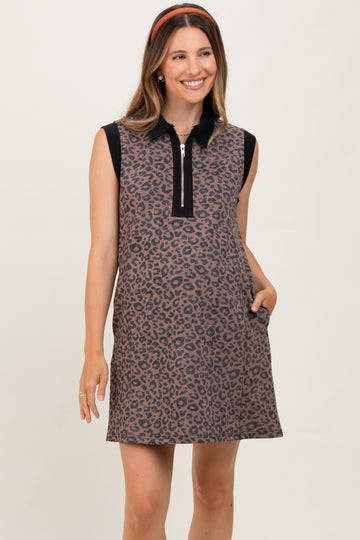 Brown Animal Print Front Zip Sleeveless Maternity Dress