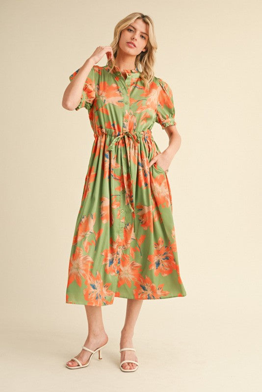 Light Olive Floral Satin Button Down Midi Dress