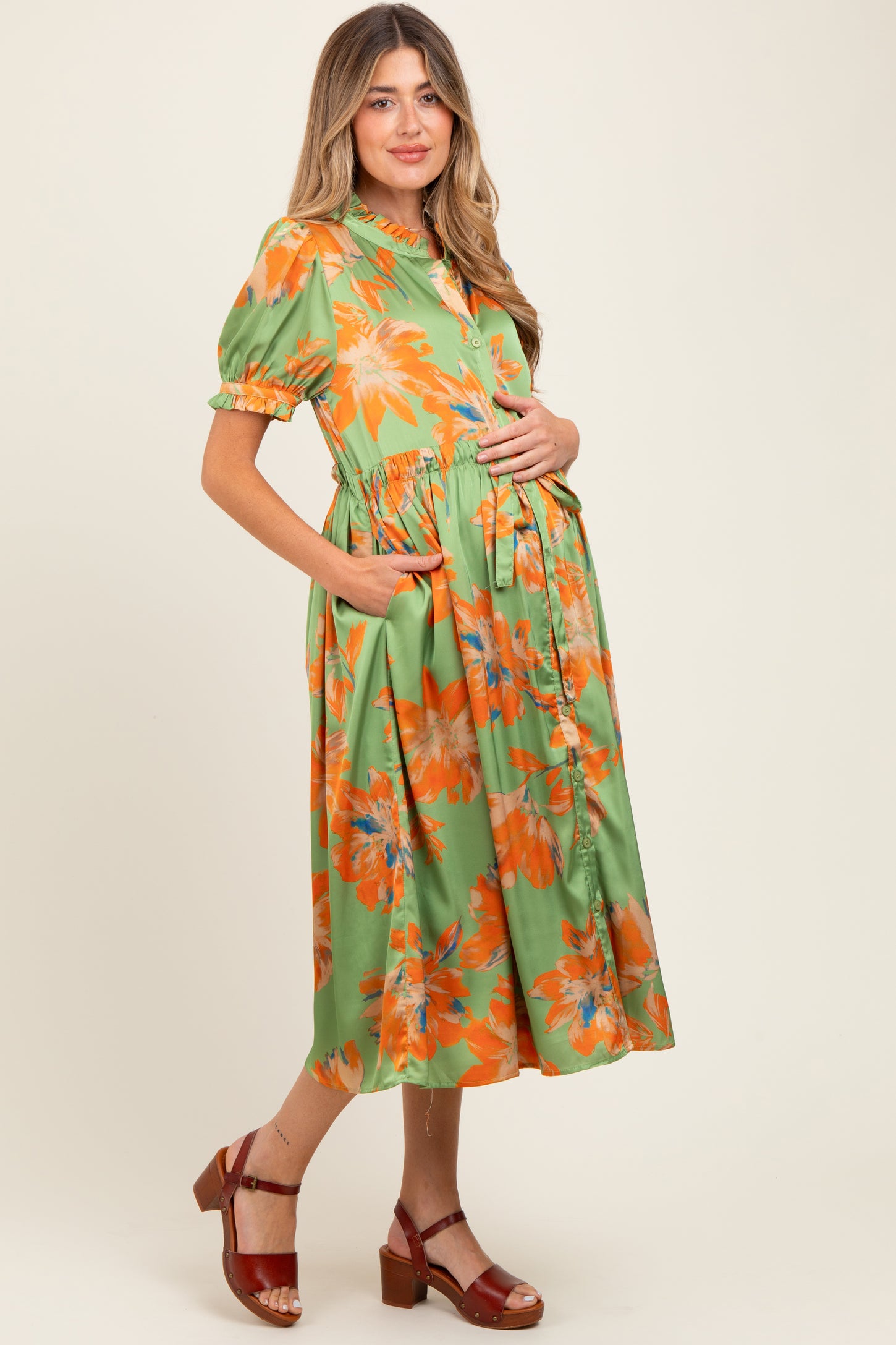 Light Olive Floral Satin Button Down Maternity Midi Dress