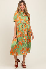 Light Olive Floral Satin Button Down Maternity Midi Dress