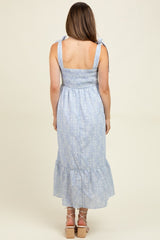 Blue Floral Smocked Shoulder Tie Maternity Midi Dress