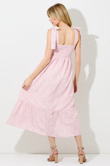 Pink Floral Smocked Shoulder Tie Midi Dress