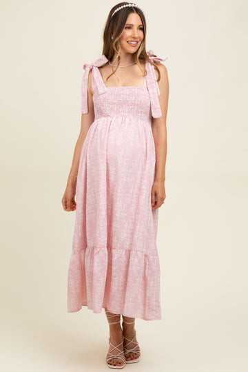 Pink Floral Smocked Shoulder Tie Maternity Midi Dress
