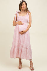 Pink Floral Smocked Shoulder Tie Maternity Midi Dress