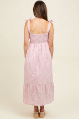 Pink Floral Smocked Shoulder Tie Maternity Midi Dress