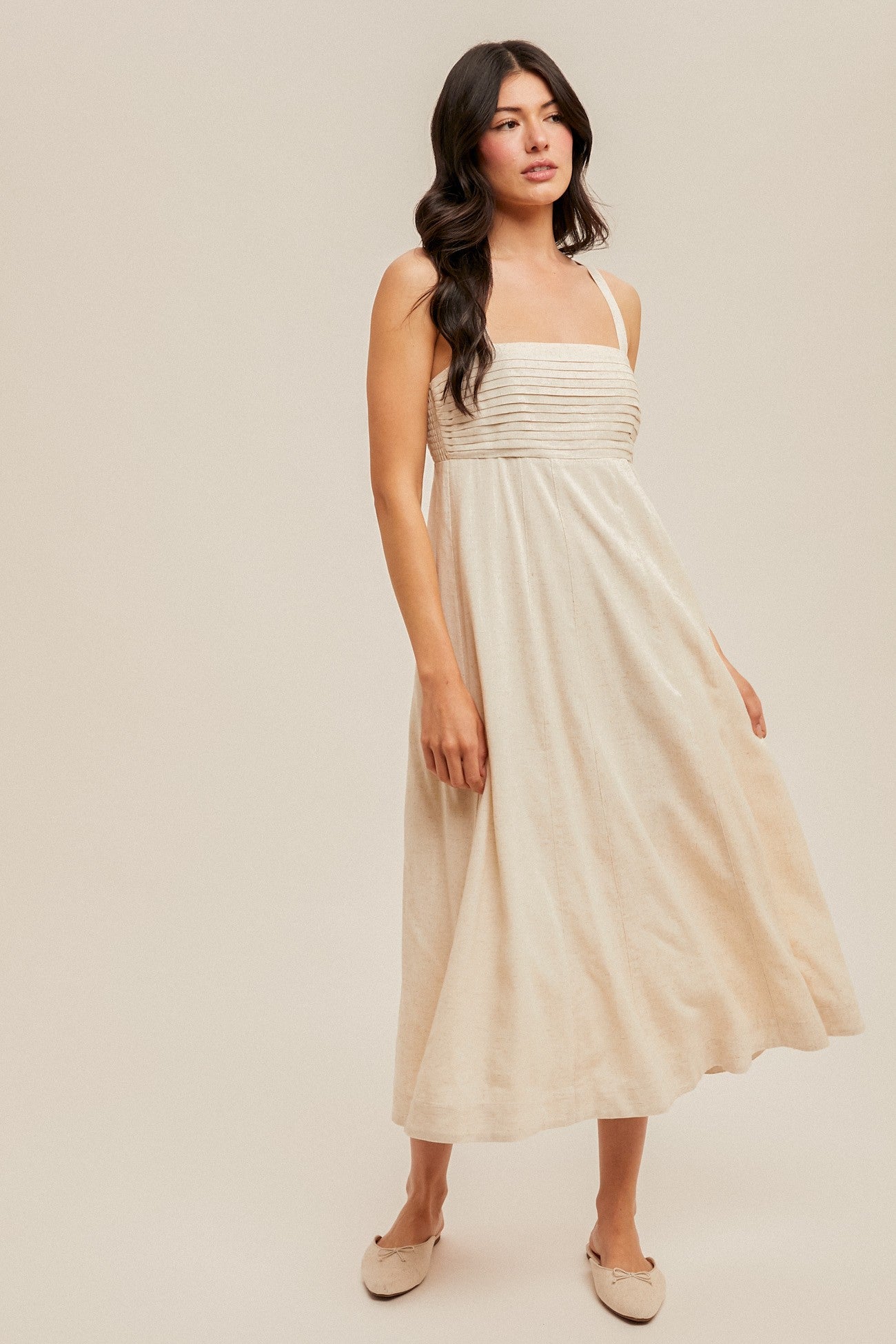Cream Pleated Bodice Midi Dress