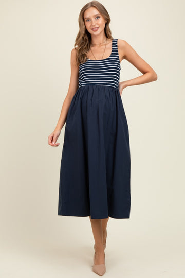 Navy Striped Contrast Sleeveless Maternity Midi Dress